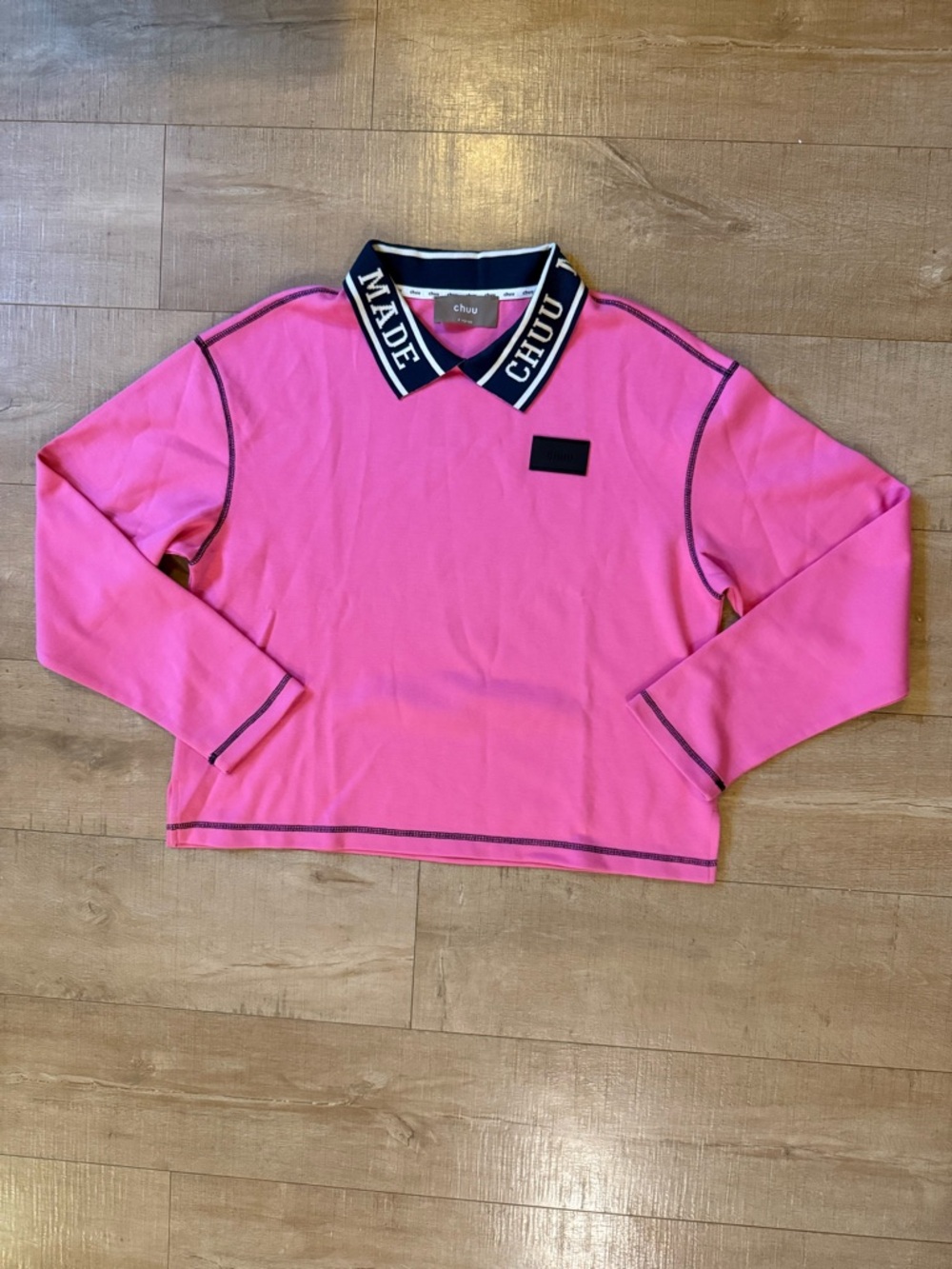 Chuu Made Korean Streetwear Pink Contrast Stitch Long Sleeve Polo Free Size